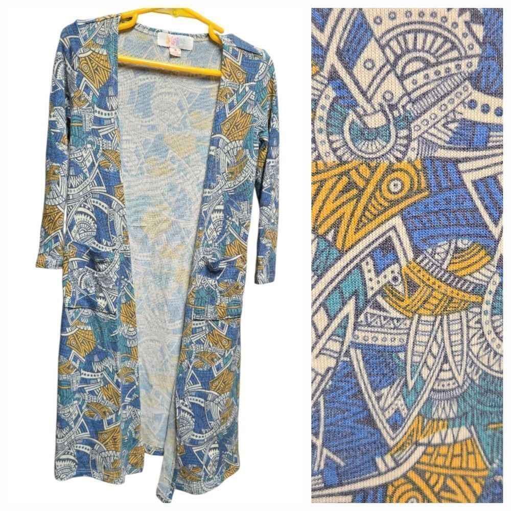 LuLaRoe Girls Sariah Cardigan Blue Tribal Print Longline Open Front Soft Sweater